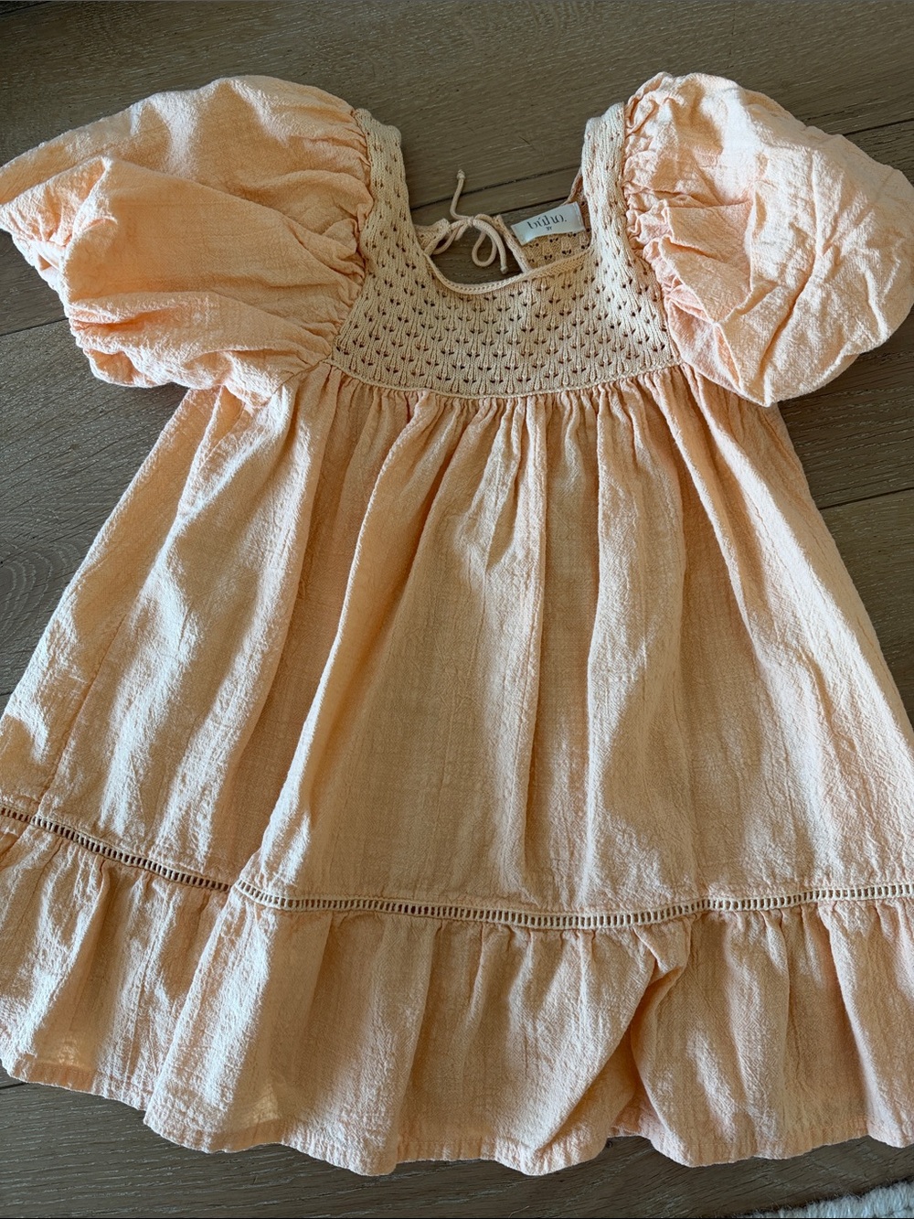 Smocked Puff-Sleeve Kids Dress in Soft Peach